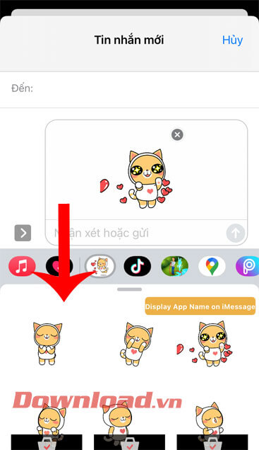 <p><strong>Bước 10: </strong>Chọn sticker mà mình muốn gửi đi, rồi nhấn vào <strong>biểu tượng mũi tên</strong>