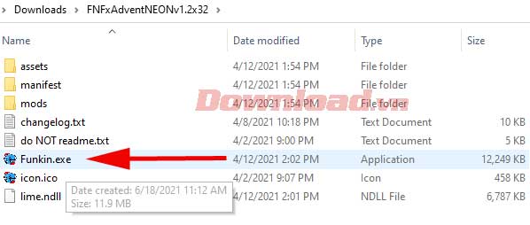 <p>4. Click đúp vào <strong>Funkin.exe</strong> để mở mod Friday Night Funkin’ vs NEON.</p>