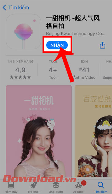 <p><strong>Bước 4:</strong> Ở phần tải của app trong kho ứng dụng, hãy chạm vào nút <strong>Nhận.</strong></p>