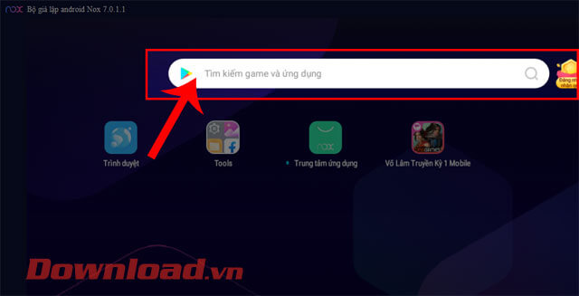 <p><strong>Bước 2: </strong>Tại giao diện chính của giả lập, nhấn vào<strong> ô tìm kiếm của kho ứng