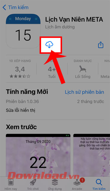 <p><strong>Bước 1:</strong> Đầu tiên, tại phần tải của ứng dụng Lịch vạn niên MeTa trên <em>Cửa hàng