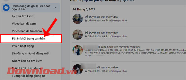 <p><strong>Bước 5:</strong> Sau đó, ấn vào mục <strong>Đã ẩn khỏi trang cá nhân</strong> ở phía bên