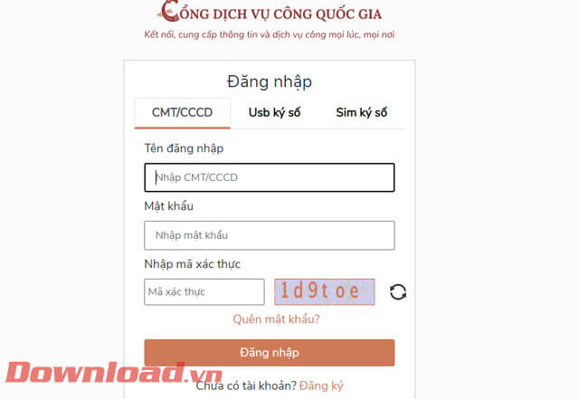 Đăng nhập Cổng Dịch vụ công Quốc gia