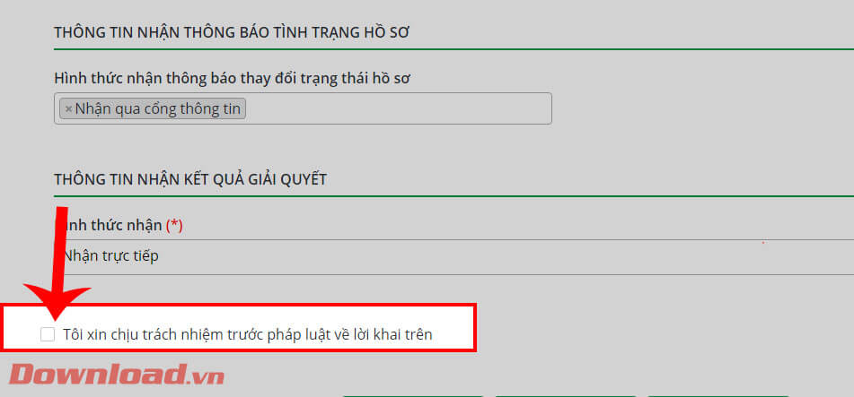 Đánh dấu tick vào ô Tôi xin chịu trách nhiệm trước pháp luật 