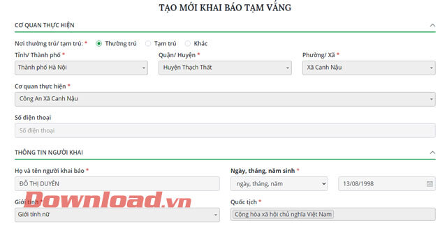 Kiểm tra thông tin Cơ quan thực hiện và Thông tin người khai