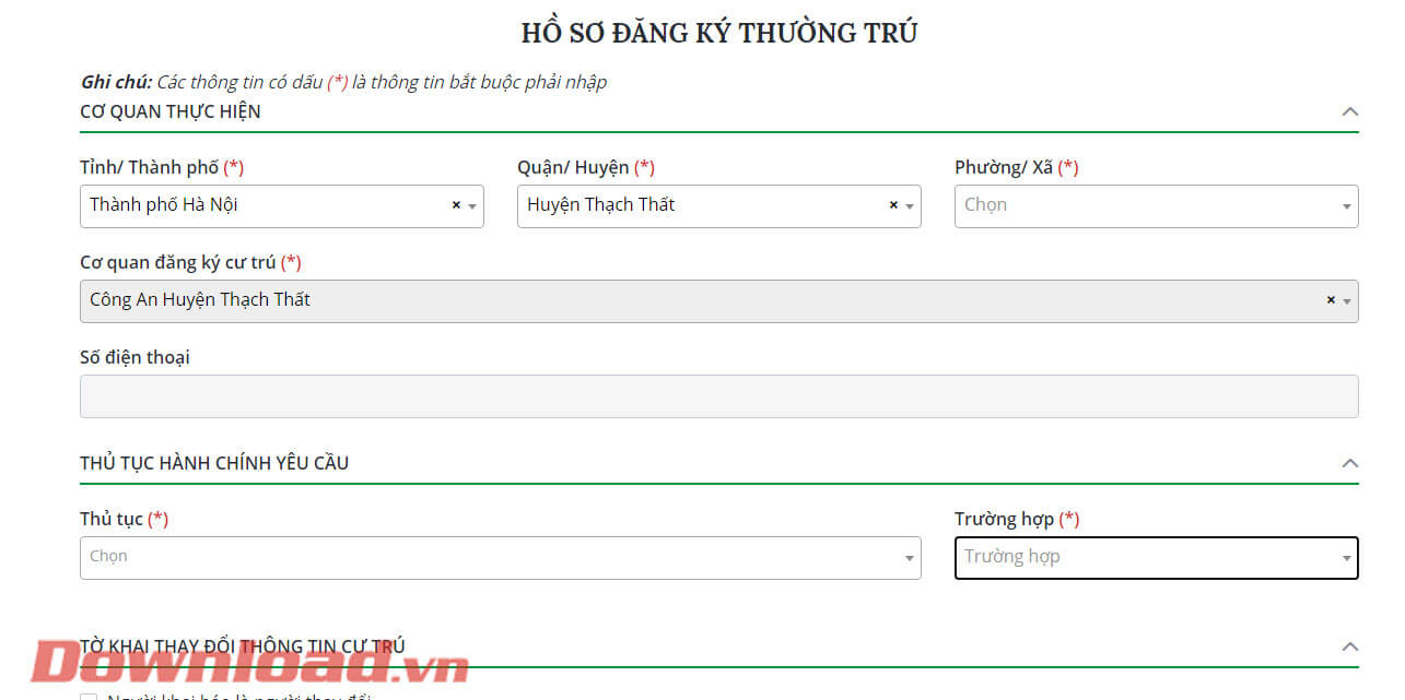 Nhập thông tin vào Cơ quan thực hiện và Thủ tục hành chính yêu cầu