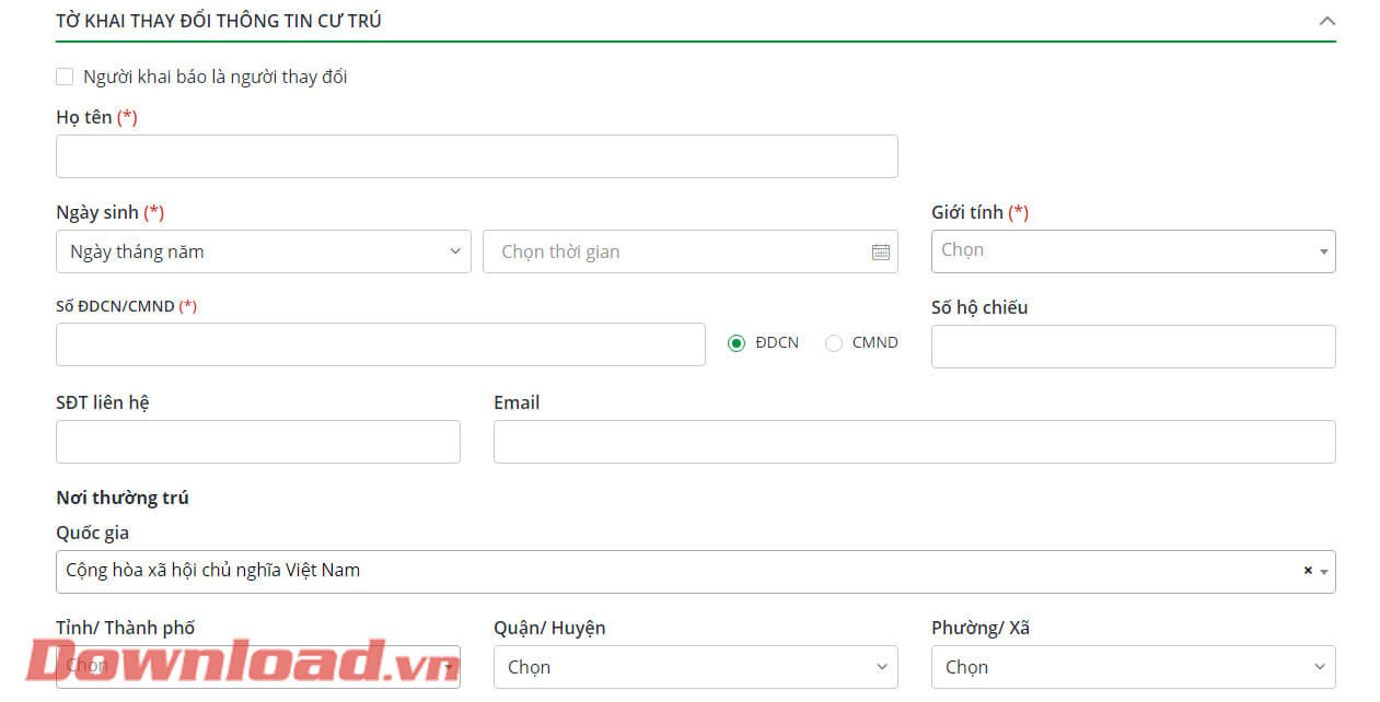 Nhập thông tin tại Tờ khai thay đổi thông tin cư trú
