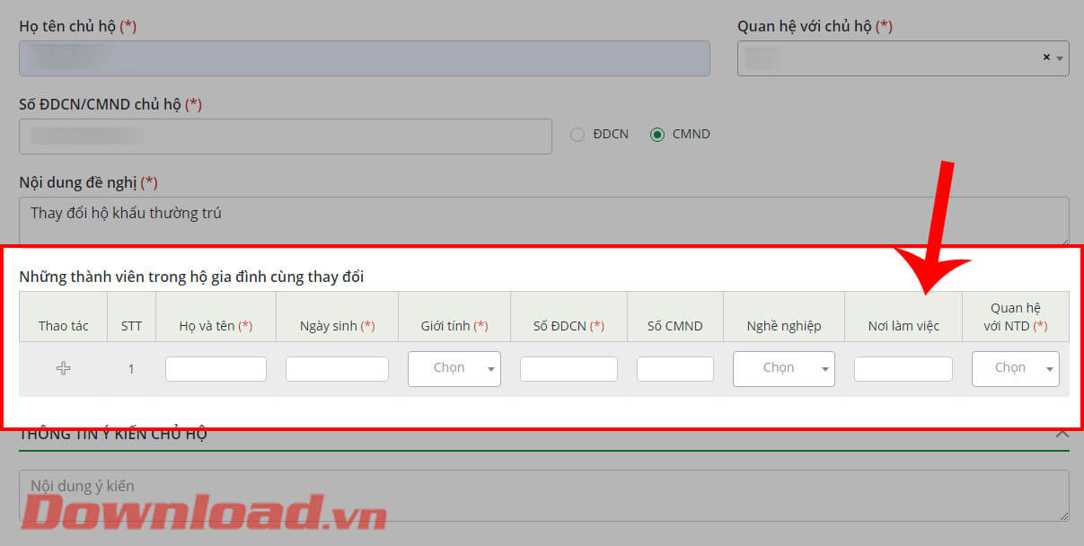 Điền thông tin về Những thành viên trong hộ gia đình cùng thay đổ