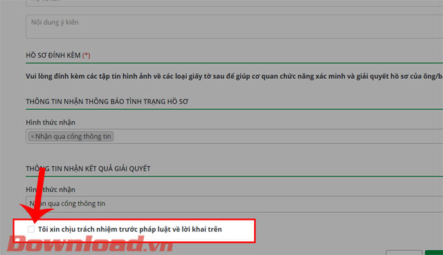 Đánh dấu tick vào ô Tôi xin chịu trách nhiệm trước pháp luật về lời khai trên