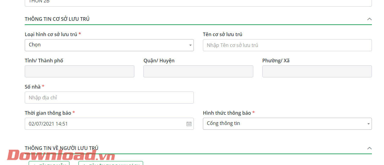 Điền thông tin vào mục Thông tin cơ sở lưu trú