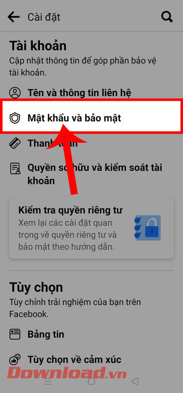 <p><strong>Bước 5:</strong> Ở mục <em>Tài khoản </em>phần cài đặt lúc này, nhấn vào mục <strong>Mật