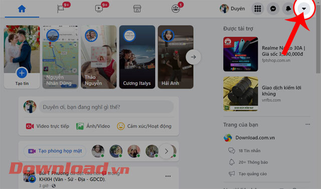 <p><strong>Bước 2: </strong>Trong trang chủ của Facebook khi ngày, nhấp chuột vào <strong>biểu tượng