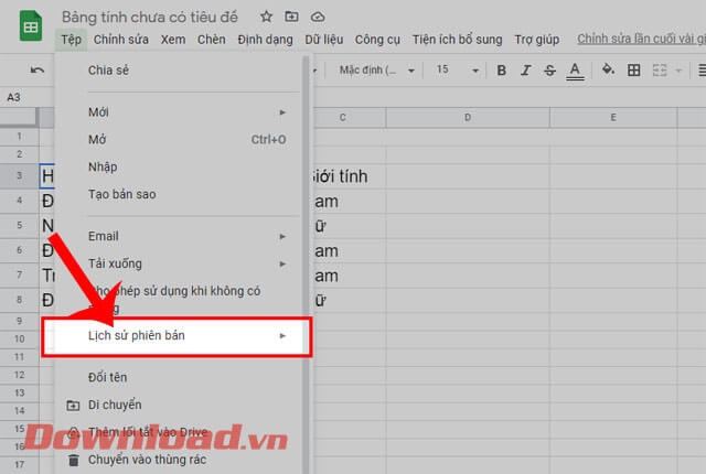 Click chuột vào mục Lịch sử phiên bản