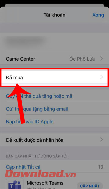 <p><strong>Bước 3: </strong>Trong phần quản lý tài khoản của mình, hãy nhấn vào mục <strong>Đã mua.</strong></p>