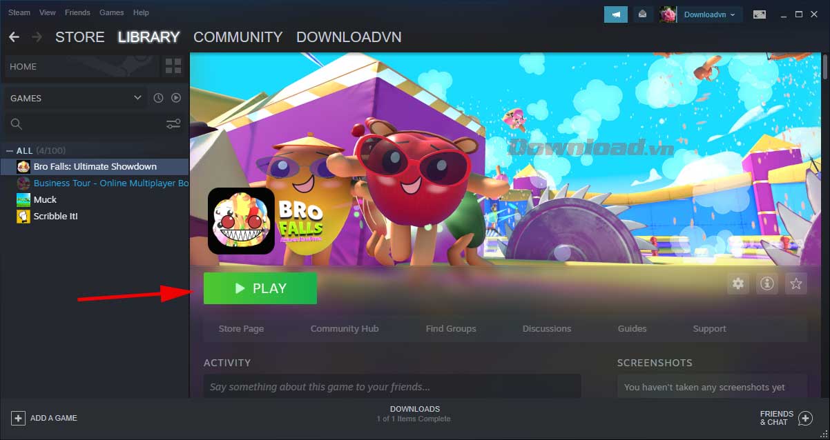 <p><strong>Bước 5: </strong>Vào <strong>Library &gt; Bro Falls: Ultimate Showdown &gt; Click Play</strong>