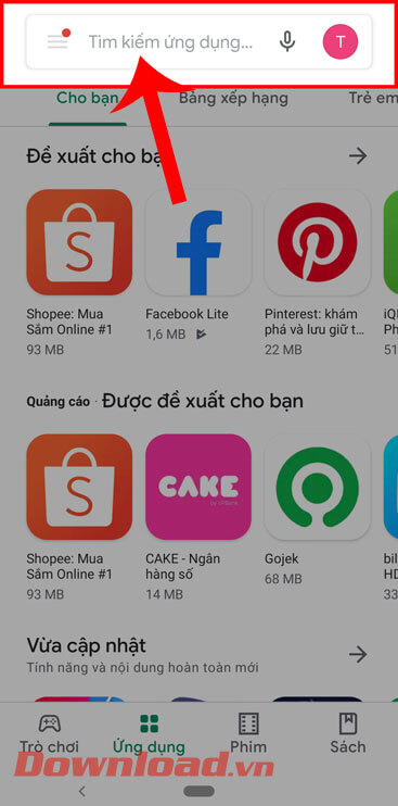 <p><strong>Bước 2: </strong>Trong trang chủ của cửa hàng ứng dụng, ấn vào <strong>ô tìm kiếm </strong>ở