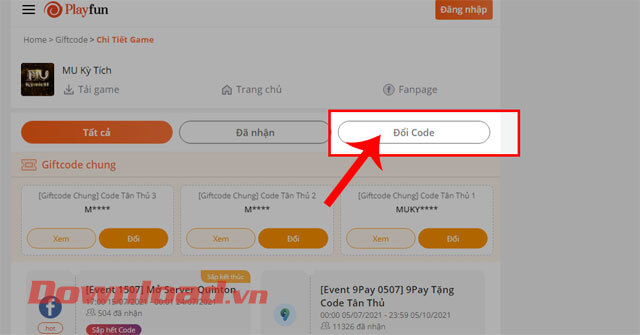 Nhấp chuột vào mục Đổi code