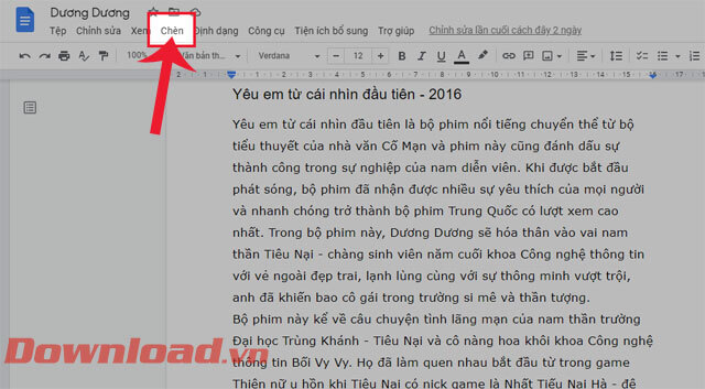 Click chuột vào mục Chèn