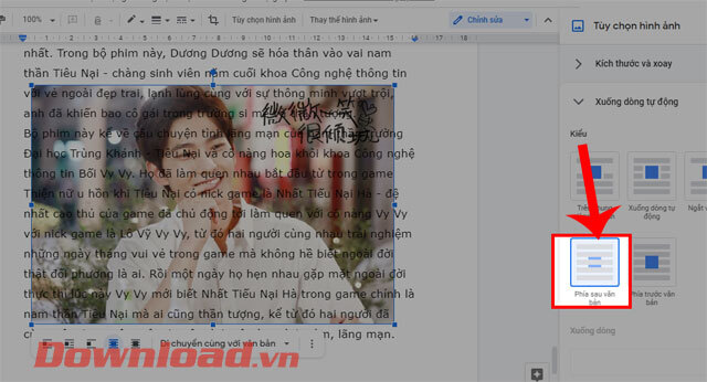 Nhấn vào mục Phía sau văn bản