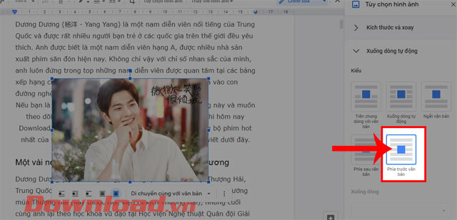 Nhấp chuột vào Phía trước văn bản