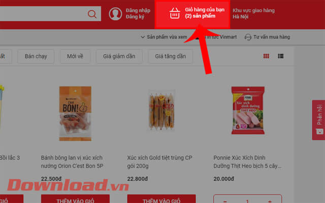 <p><strong>Bước 5: </strong>Khi đã thêm các mặt hàng vào giỏ hàng, click chuột vào mục <strong>Giỏ hàng