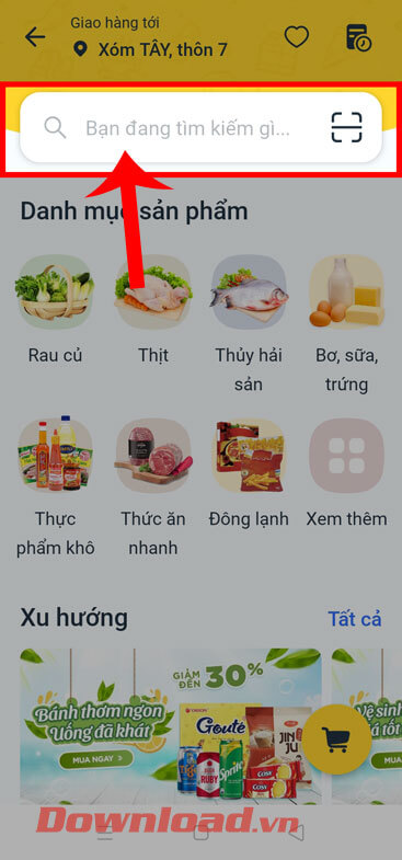 <p><strong>Bước 4:</strong> Trong phần mua hàng của VinMart khi này, chạm vào<strong> ô tìm kiếm </strong>ở