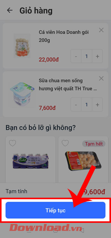 <p><strong>Bước 7: </strong>Lúc này ở mục <em>Giỏ hàng </em>khi này, hãy chạm vào nút <strong>Tiếp tục