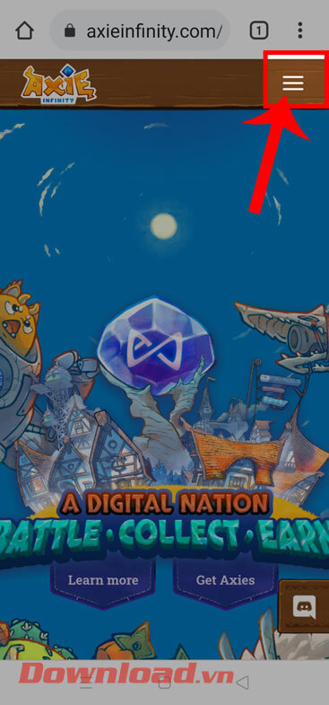 <p><strong>Bước 2:</strong> Tại trang chủ của game Axie Infinity, ấn vào <strong>biểu tượng ba dấu gạch
