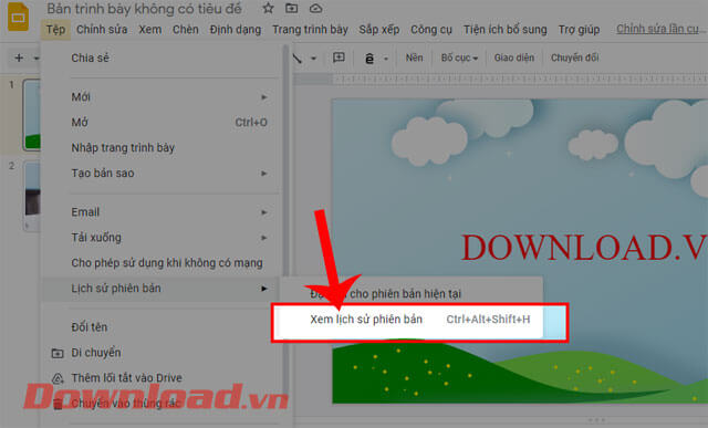 Nhấp chuột vào mục Xem lịch sử phiên bản