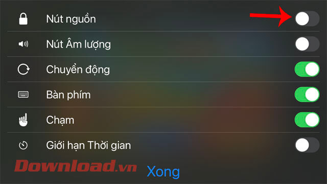 Gạt công tắc tại các mục Tùy chọn