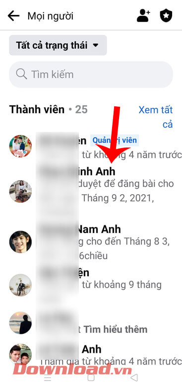 <p><strong>Bước 3:</strong> Trong danh sách thành viên của nhóm khi này, ấn vào <strong>tên tài khoản