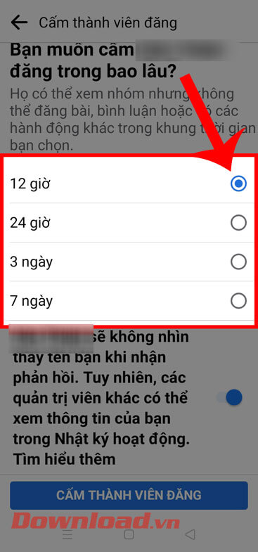 <p><strong>Bước 6:</strong> Sau đó vuốt màn hình xuống đến mục <em>Bạn muốn cấm … đăng trong bao lâu?</em>,