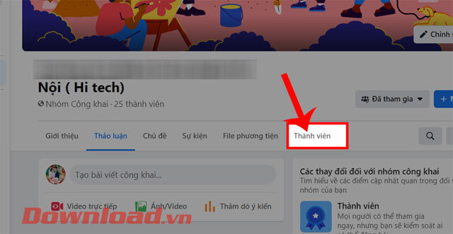 <p><strong>Bước 2: </strong>Trong <em>nhóm Facebook</em> khi này, hãy click chuột vào mục <strong>Thành