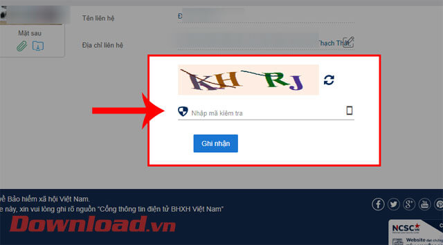 Nhập mã kiểm tra và ấn vào nút Ghi nhận