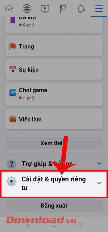 <p><strong>Bước 2:</strong> Vuốt màn hình xuống phía dưới, rồi chạm vào mục <strong>Cài đặt &amp; Quyền