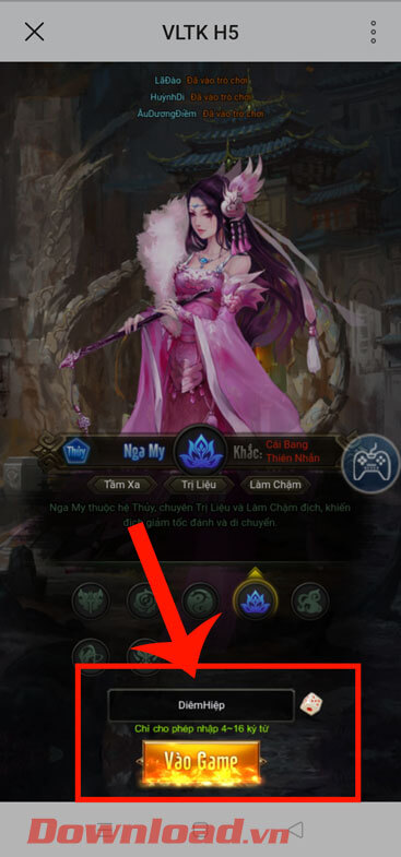 <p><strong>Bước 8: Đặt tên cho nhân vật</strong> game của mình, sau đó ấn vào nút <strong>Vào game.</strong></p>