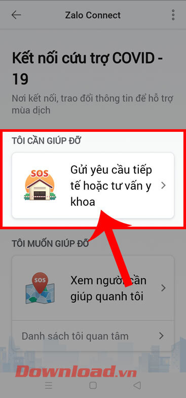 <p><strong>Bước 3: </strong>Tại giao diện Kết nối cứu trợ Covid-19 để gửi yêu cầu cần hỗ trợ thì chạm