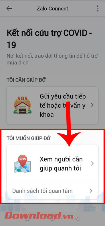 <p><strong>Bước 1:</strong> Cũng tại giao diện của mục <em>Kết nối cứu trợ Covid-19</em>, hãy chạm vào