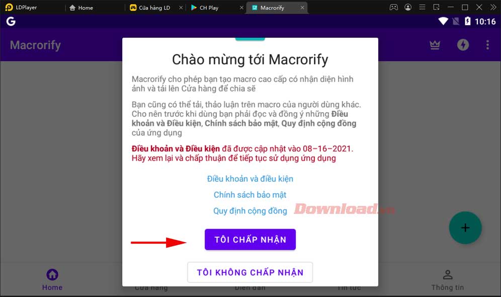 <p>1. Gõ Macrorify vào trường tìm kiếm, rồi click vào kết quả tương ứng hiện ra. Nhấn nút Cài đặt. Đợi