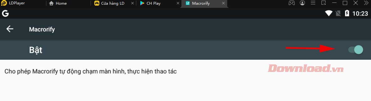 <p>4. Bật cho phép Macrorify tự động chạm màn hình và thao tác.</p>