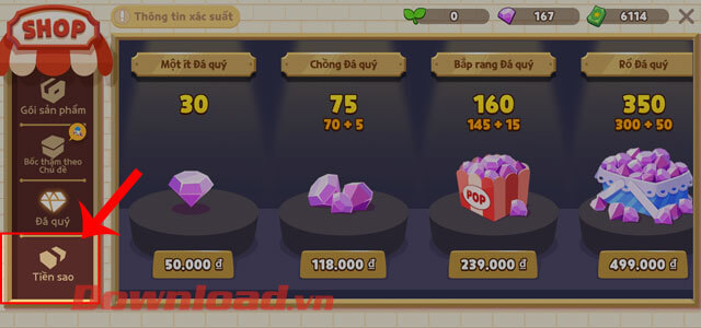 Ấn vào mục Tiền sao