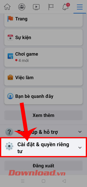 <p><strong>Bước 2:</strong> Kéo màn hình xuống phía dưới, rồi nhấn vào mục <strong>Cài đặt &amp; Quyền