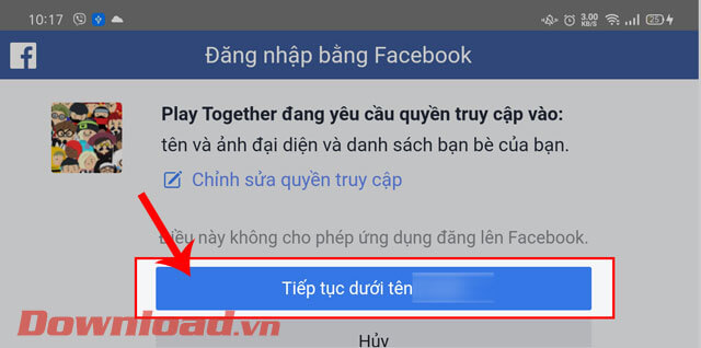 Nhấn vào nút Tiếp tục dưới tên
