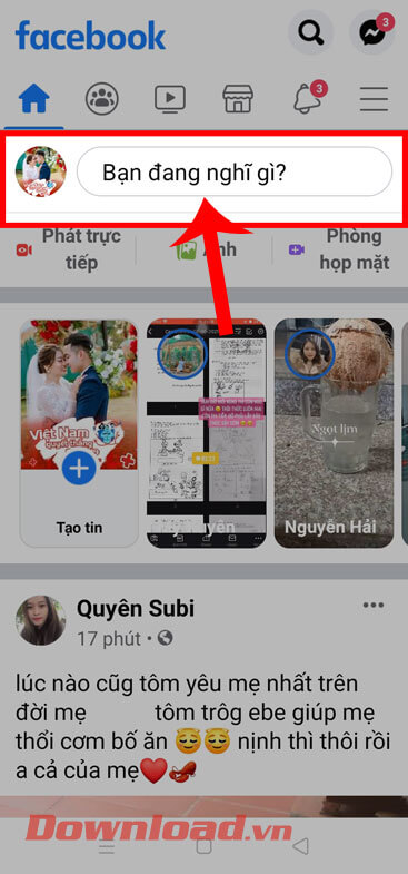 <p><strong>Bước 2: </strong>Tại giao diện chính của ứng dụng, nhấn vào ô<strong> Bạn đang nghĩ gì?</strong>