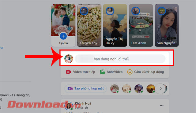 <p><strong>Bước 2: </strong>Trong trang chủ của Facebook, click chuột vào ô<strong> Bạn đang nghĩ gì