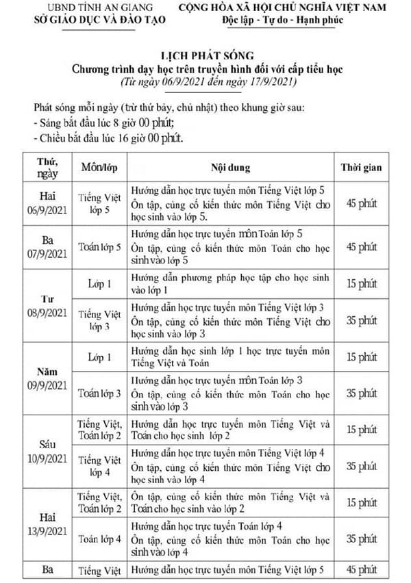 Lịch học trực tuyến lớp 3 trên truyền hình An Giang