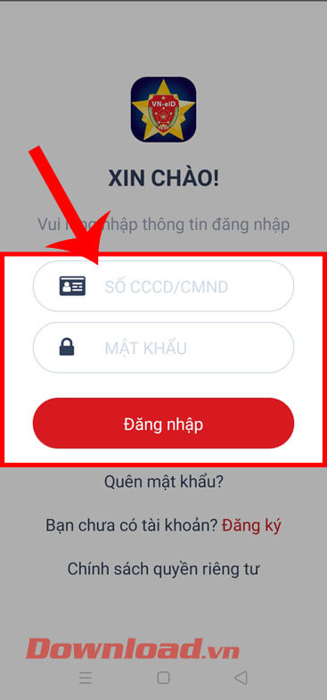 <p><strong>Bước 1:</strong> Sau khi đã cài đặt ứng dụng VNEID về máy, thì tại giao diện đăng nhập của