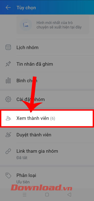 <p><strong>Bước 3: </strong>Tại giao diện tùy chọn của nhóm Zalo, kéo màn hình xuống rồi ấn vào mục