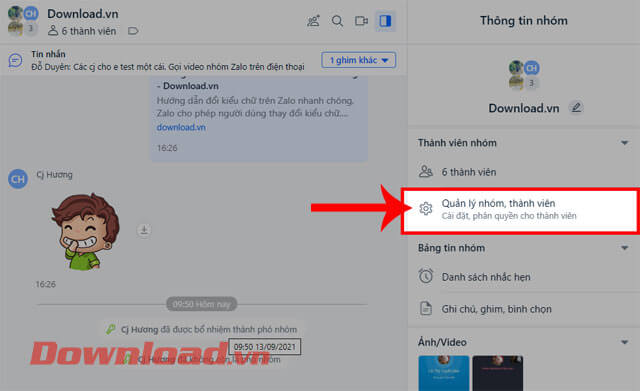 <p><strong>Bước 2: </strong>Tại khung cửa sổ <em>Thông tin nhóm </em>ở phía bên phải màn hình, hãy click
