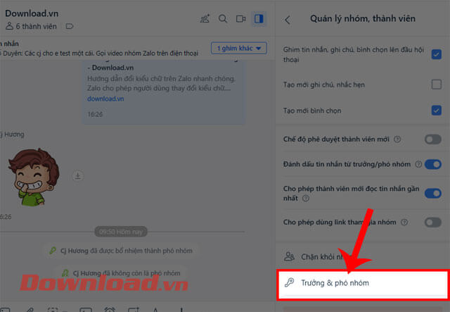 <p><strong>Bước 3:</strong> Ở khung cửa sổ <em>Quản lý nhóm, thành viên</em>, nhấp chuột vào mục <strong>Trưởng